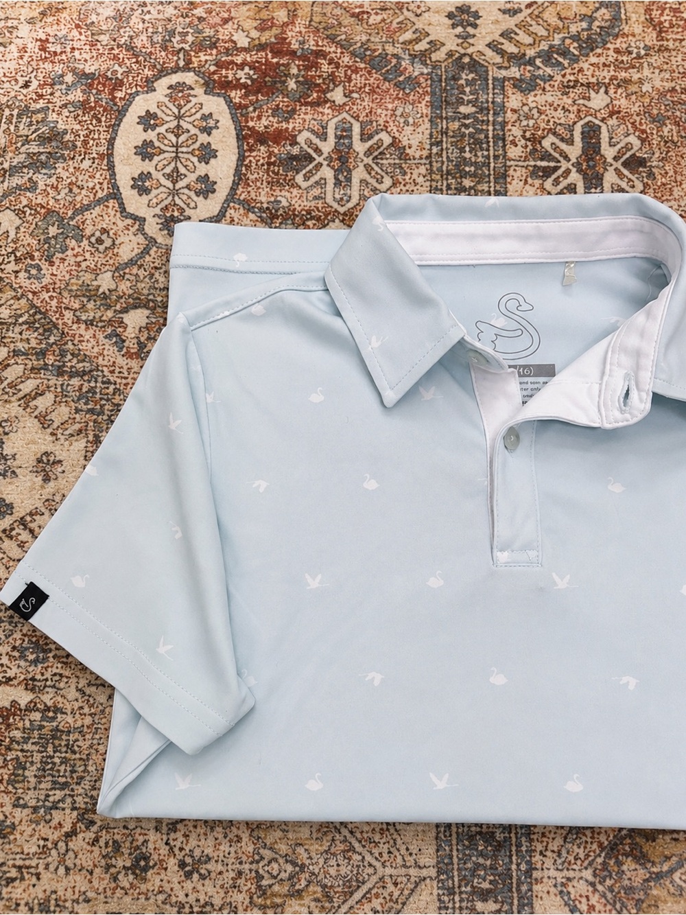 Kids Light Blue/Mint Green Golf Polo with White Swan Print - Brand:Swannies